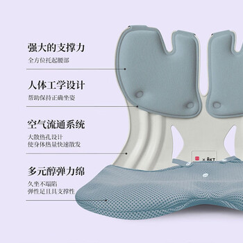 BKT人体工学办公室坐姿椅学生矫姿坐垫美臀腰靠垫 加大蓝色+坐垫套
