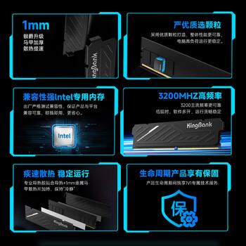 金百达（KINGBANK）16GB DDR4 3200 台式机内存条  intel专用条 黑爵