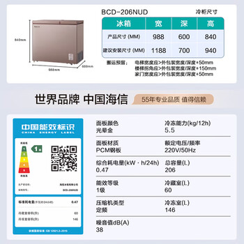 海信（Hisense）206升双温冰柜一级能效冷藏冷冻两用独立分区速冻小型冷柜BCD-206NUD