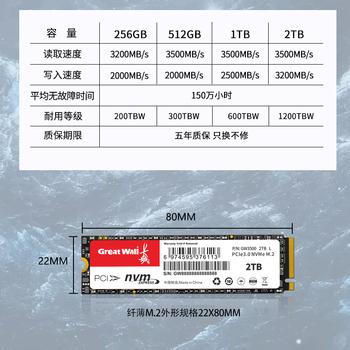 长城(Great Wall)1TB SSD固态硬盘 M.2接口(NVMe协议)PCIe 3.0x4 GW3500系列 读速可高达3500MB/s 长城(Great Wall)1TB SSD固态硬盘 M.2接口(NVMe协议)PCIe 3.0x4 GW3500系列 读速可高达3500MB/s
