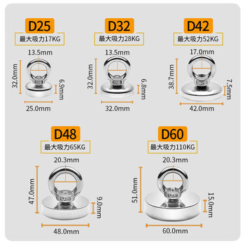 得印MG-D60强磁扣打捞磁铁强力磁钉吸铁石9963河道打捞圆形直径60mm拉力0-220斤/1个