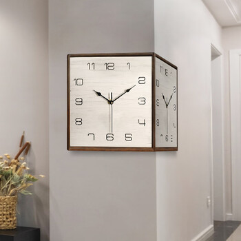 康巴丝（Compas）实木简约双面挂钟客厅现代拐角两面石英钟表挂墙家用时钟 9199