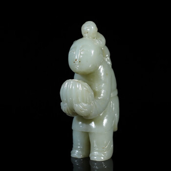 発掘品 新疆 和田白玉彫 開運 雙童子 玉佩 重70g K1384