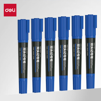 得力（deli）大双头粗头物流快递记号笔1.5mm/5.7mm 办公签字学生文具教学会议笔马克笔 10支/盒 蓝色 S555