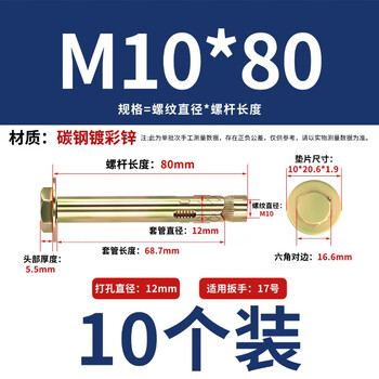 永利尚外六角内膨胀螺丝 爆炸内置管膨胀拉爆锥帽型膨胀螺栓 碳钢镀彩锌 M10*80 （10个装）