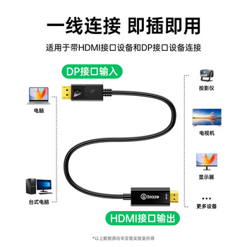 毕亚兹 DP转HDMI转接线 4K高清连接线1.2版 DisplayPort转hdmi公对公视频线 电脑接电视转换器线 1.8米 