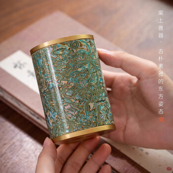梅林笔庄黄铜镶嵌铜笔筒大容量实心黄铜贝壳纹笔筒大容量创意轻奢高级感学生桌面办公室收纳金属毛笔收纳筒