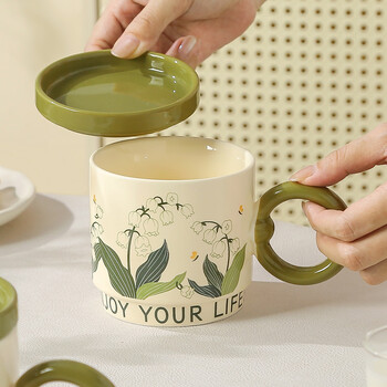 传旗陶瓷马克杯带盖咖啡杯牛奶杯早餐杯子办公杯男女茶杯 风铃花400ml