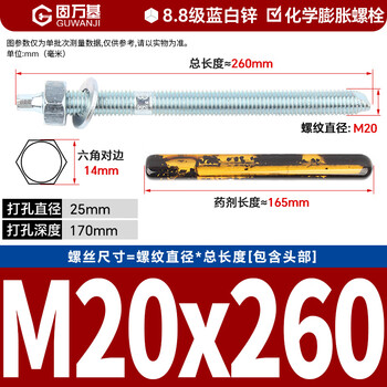 固万基（GUWANJI）化学锚栓含药剂 碳钢镀锌化学膨胀螺栓药剂化学螺丝 8.8级 M20x260[1套]