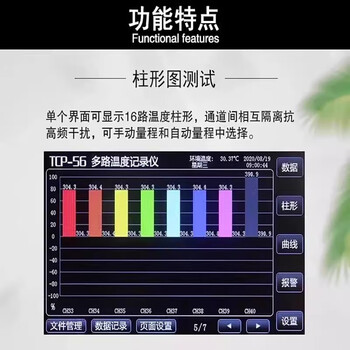 山泽 慧谱多路温度测试仪无纸记录仪温度巡检仪曲线温升TCP-500X-5寸(24路曲线柱形图)