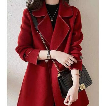 呢子大衣女秋冬新款收腰小个子显瘦短款毛呢外套红色法国红l86110斤