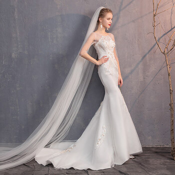 抹胸一字肩2019新款韩版显瘦小拖尾性感露背包臀鱼尾婚纱礼服 送手套