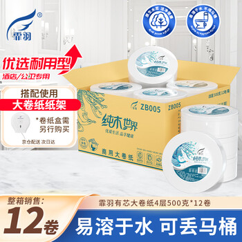 霏羽有芯大卷纸4层500克*12卷酒店商用大盘纸卫生纸巾厕用纸整箱ZB005