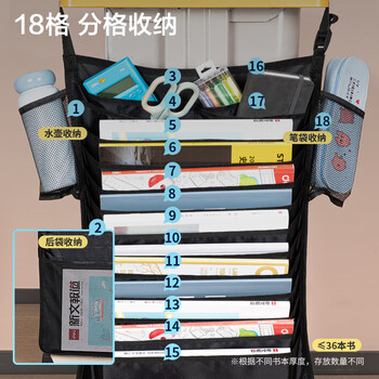 得力（deli）(deli)挂书袋课桌书挂袋十五层 升级款交叉收纳书桌挂袋 学生书本收纳神器 加厚款 黑色儿童节礼物