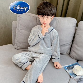 迪士尼品牌童装男童法兰绒睡衣秋冬款儿童家居服套装男孩珊瑚绒保暖睡衣 灰色 110cm