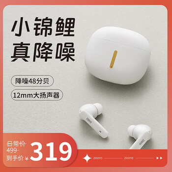 左柚小锦鲤真无线蓝牙耳机降噪入耳式12mm大扬声器高音质跑步骑行通话主动降噪 椰子灰