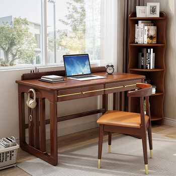 高端全实木新中式书桌卧室学习桌学生写字桌办公台式电脑桌子 胡桃色
