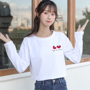 霏斯诗町纯白色纯棉长袖t恤女春秋韩版宽松秋季新款内搭设计感圆领t