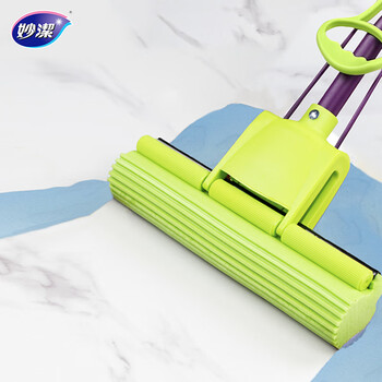 妙洁胶棉拖把27cm杆长120共2头滚轮式懒人家用一拖净免手洗海绵吸水