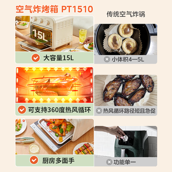 美的（Midea）多功能电烤箱家用空气炸锅一体机小微型烤炸一体烤箱 高效脱脂/循环热风免翻面 PT1510 15L