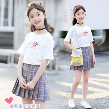 女童百褶裙套装夏装新款韩版儿童卡通粉红豹短袖网红小女孩公主裙洋气