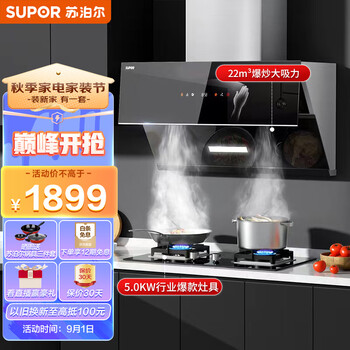 苏泊尔（SUPOR）侧吸式抽油烟机灶具套装 22立方大吸力家用烟灶套装 挥手智控 智旋干洗 DJ50+Q5天然气
