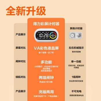 得力（deli）彩屏可视化计时器智能闹钟学生专用起床神器时间管理器定时器4色分区倒计时自律开学文具生日礼物