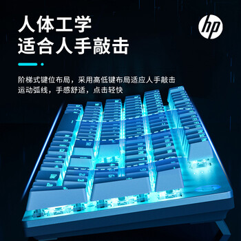 惠普（HP）GK400F机械键盘 游戏键盘办公 104键CF吃鸡LOL电竞冰蓝光有线键盘 银白色 青轴