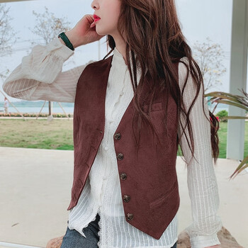 bkqu欧美英伦风皮绒马甲女士春秋冬修身显瘦复古风格薄款短款时尚高档