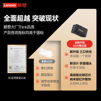 ThinkPlus联想65W氮化镓充电器套装 ThinkPad充电器口红电源多口Type-C适用苹果17/16华为小米联想笔记本
