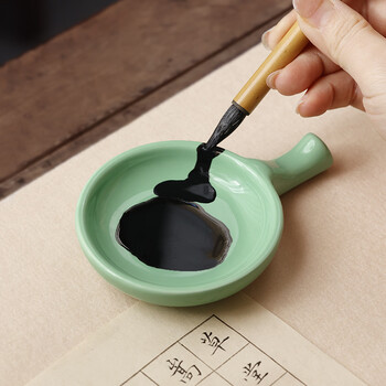 漢墨精品4寸陶瓷绿色墨碟 陶瓷笔架水碟小砚台 文房四宝多功能笔搁笔置毛笔架子