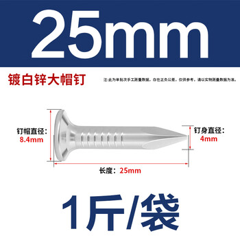 永利尚 沥青瓦钉大帽钢钉规格全钉子钢钉水泥钉房顶玻纤瓦油毡瓦专用钉 25mm（1斤/袋）