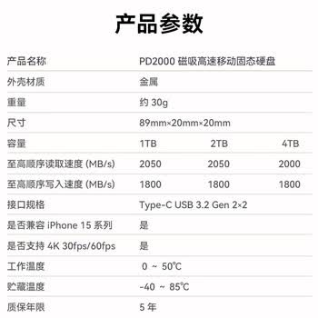 佰维（BIWIN）1TB 移动固态硬盘(PSSD) PD2000系列黑金色 读速2050MB/s Type-C(USB3.2)接口手机电脑平台外接
