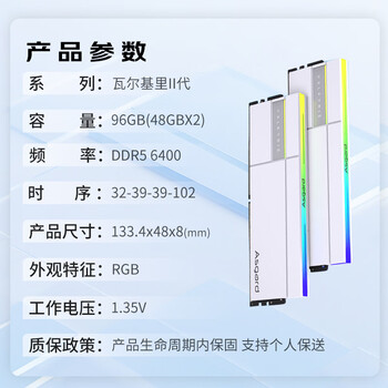 阿斯加特（Asgard）96GB(48GBx2) DDR5 6400 台式机内存条 女武神·瓦尔基里II代 RGB灯条 海力士M-die CL32 极地白