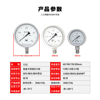 川仪304不锈钢压力表YTH-60 0-1MPa气压表水压表耐酸碱  2.5级  NPT1/4