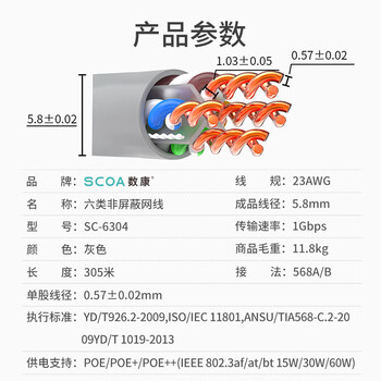 数康（SCOA）六类网线305米 CAT6类非屏蔽0.57无氧铜芯室内千兆网线灰色 23AWG线规4对双绞线工程箱线SC-6304