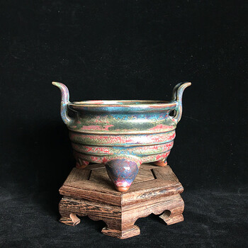 宋代 鈞窯 紅釉 描金 銘文 三足磁香炉 金鈞窯月白