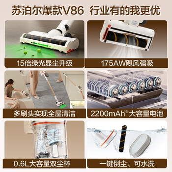 苏泊尔（SUPOR）吸尘器家用无线手持大吸力广角绿光显尘车载大吸力猫毛狗毛宠物吸尘器【防缠绕】V86