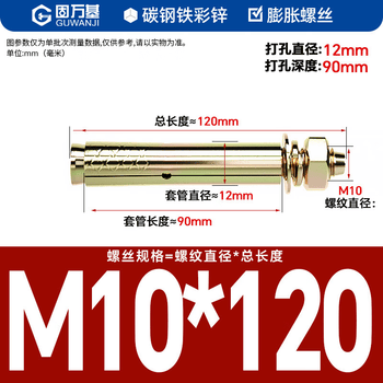 固万基（GUWANJI）套管型膨胀锚栓 镀锌膨胀螺丝外膨胀螺栓拉爆爆炸螺丝钉膨胀管 M10x120[10个/包]