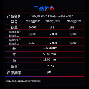 西部数据(WD)1TB移动固态硬盘2000MB/s P40高速NVMe随身便携PSSD外接手机PS5游戏Xbox笔记本mac电脑Type-c 西部数据(WD)1TB移动固态硬盘2000MB/s P40高速NVMe随身便携PSSD外接手机PS5游戏Xbox笔记本mac电脑Type-c