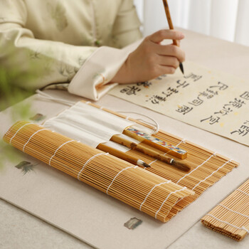 漢墨毛笔笔帘 通用简约复古老竹色大号毛笔帘笔袋 文房四宝毛笔收纳笔卷袋