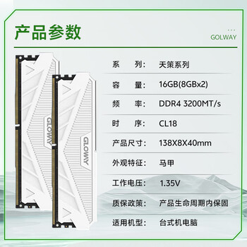 光威（Gloway）16GB(8GBx2) DDR4  3200 台式机内存条 天策 马甲条 精选颗粒 CL18 皓月白