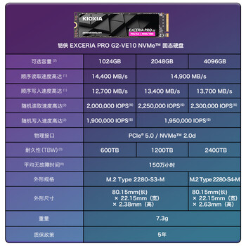 铠侠(Kioxia)2TB SSD固态硬盘 NVMe M.2接口 EXCERIA PRO G2 VE10 系列(PCIe 5.0 产品) 铠侠(Kioxia)2TB SSD固态硬盘 NVMe M.2接口 EXCERIA PRO G2 VE10 系列(PCIe 5.0 产品)