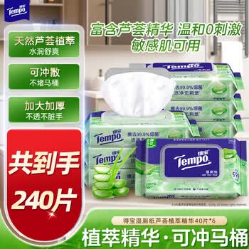 得宝（TEMPO）一博同款 芦荟湿厕纸 40片*6包 植萃精华 可冲散 湿纸巾 湿巾 