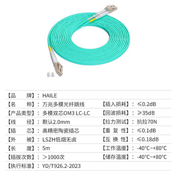 HAILE海乐 光纤跳线万兆多模LC-LC低烟无卤双芯跳纤OM3 UPC接头50/125尾纤5米HJ-2LC-LC-MT5 HAILE海乐 光纤跳线万兆多模LC-LC低烟无卤双芯跳纤OM3 UPC接头50/125尾纤5米HJ-2LC-LC-MT5