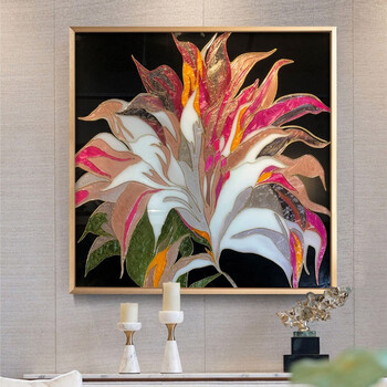 画龙 手绘珐琅彩装饰画美式轻奢挂画立体玄关餐厅壁画金属框百合花