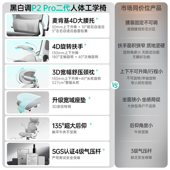 黑白调P2Pro二代人体工学椅电脑椅办公椅电竞椅子人工力学座椅4D腰托
