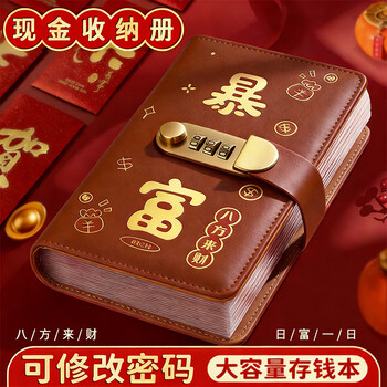 舒星存钱本收纳册现金密码锁纸币钱币收藏册攒钱袋儿童理财存钱包存钱夹2026新款双层防水皮革 暴富棕