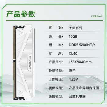 光威(Gloway)16GB DDR5 5200 台式机内存条 天策 马甲条 精选颗粒 CL40 皓月白 AI电脑配件升级 光威(Gloway)16GB DDR5 5200 台式机内存条 天策 马甲条 精选颗粒 CL40 皓月白 AI电脑配件升级