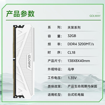 光威（Gloway）32GB DDR4 3200 台式机内存条 天策 马甲条 精选颗粒 CL18 皓月白